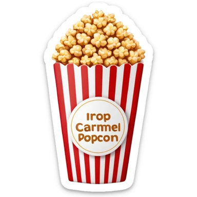minimalist caramel popcorn in a red and white vertically striped package, golden brown caramel-covered popcorn, no text on package, only red and white stripes, glossy iOS emoji style sticker