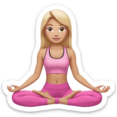 Mujer color de piel moreno claro con cabello rubio suelto y lacio y largo, que tenga gloss en los labios y se vea usando Blush rosita, usando un top rosa deportivo y leggins deportivo rosa en una pose de yoga sentada, viendo hacia enfrente con ojos negros y sonriendo sin mostrar los dientes sticker