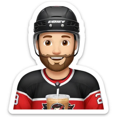 hockey player with a beard with iced coffee in red and black jersey wearing a hockey helmet smiling missing teeth  sticker