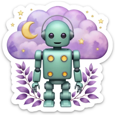 watercolor-style emoji of robot silhouette with “AI” inside a lilac cloud, connected to a soft circuit shape. gentle pastel palette (sage green, blush, lilac), surrounded by leaves, moon, and stars — poetic and calm aesthetic. sticker