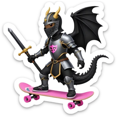 zwarte ridder met een zwarte zwaart en een zwarte schild met een zwarte draak op en hij skate met een roze skatebord en hij  zit tegen een draak te vechten sticker