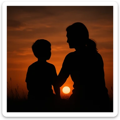 Silhouette of a mother and son watching the sunset together, serene and artistic sticker