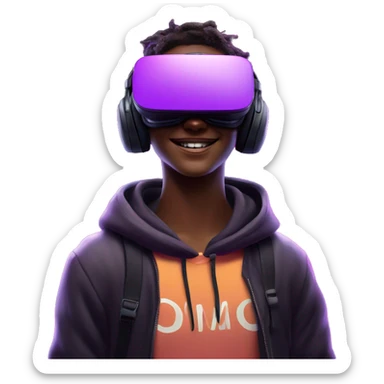 Happy student wearing a black hoodie with "OMG" letters on it and VR headset oculus quest 2 in a cyberpunk VR environment with violet neon lighting. sticker