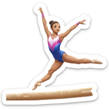 A gymnast performing a flawless routine on the balance beam, showcasing strength and grace. The scene captures the precise, elegant movement with perfect balance and form. The background features a gymnastics arena with vibrant lighting and cheering crowds, emphasizing athleticism and poise. sticker