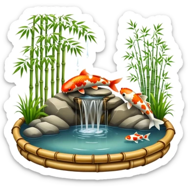 Romantic Asian koi fish pond and bamboo fountain scenic scenery landscape deco sticker