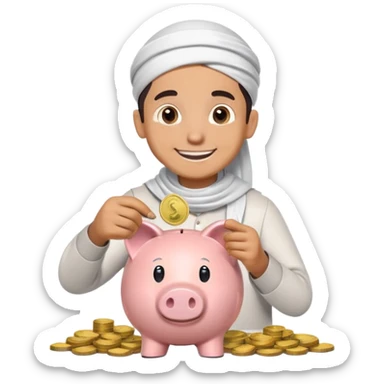 smiling Muslim boy carefully putting coins and bills into piggy bank, emoji style sticker