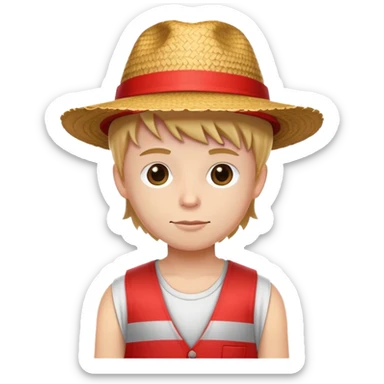 White kid with a straw hat that has a red stripe horizontally, and is wearing a red sleeveless vest sticker
