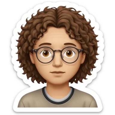 Slim, slightly oval face, light skin.
Medium-length brown wavy/curly hair, slightly messy.
Brown eyes, round eyeglasses.
Soft, calm expression.
No beard or very light stubble.
Minimal, high-quality style, not cartoonish.
Neutral background, soft lighting. sticker