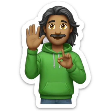 an indian man wearing a green sweatshirt, long hair, no facial hair, waving goodbye sticker