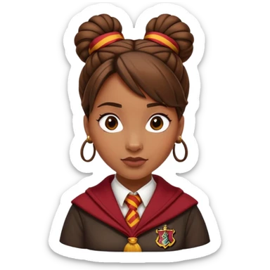 Angelina Johnson in harry potter, wear hogwarts gryfindor uniform,  thick, brown knot bun hair , reflecting her bold, stylish, and strong personality sticker