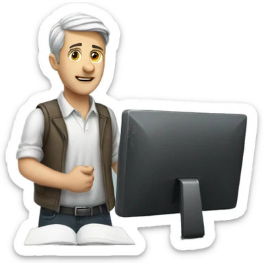 white man in front of notebook is standing and leaving a desk sticker