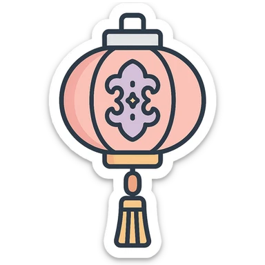 beautiful Chinese lantern with carved decor and tassel, icon-color-outlined style, thin clean contours, soft rounded shapes, pastel palette #98B5BC, #B5B3C1, #C9A3C9, #E4C0CA, #F7DCD1, #F7C0AA, detailed shadows and highlights, soft lighting, transparent background, eastern style sticker