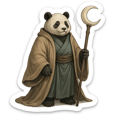 panda in flowing robes, holding a staff topped with a crescent moon, exuding peaceful mastery, blending mysticism and calm sticker