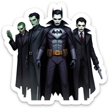 Icon for Thriller Movies: A large, dramatic collage featuring sinister villains and zombies in dark clothing. The background shows the gloomy cityscape of Gotham with dim lighting and eerie shadows. The atmosphere should be tense, mysterious, and suspenseful. Transparent background. sticker