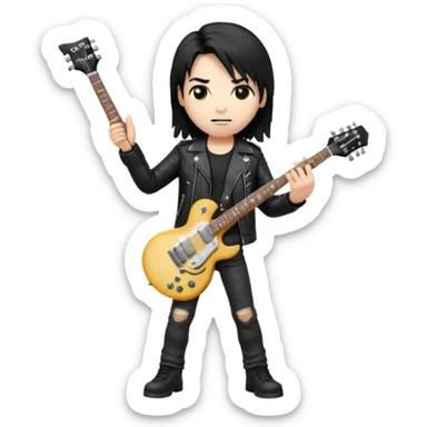 3D Apple-style emoji of a metal musician holding an electric guitar with a bold "ROCK" sign above. Long hair, black leather jacket, ripped jeans, intense expression. Rounded, glossy, smooth, soft shadows, white background.











 sticker