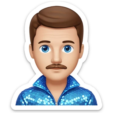 Benson Boone (b.2002), Pop Singer with blue eyes, brown medium hair and thin mustache, icy blue sequin outfit sticker
