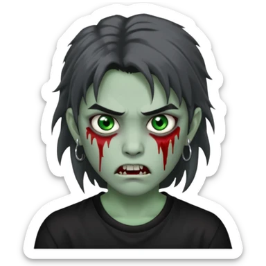 3D emoji-style avatar with grey zombie skin, dark brown hair, a young Asian face, and large green eyes with blood tears. Give it white litle bit messy mullet hair style , silver hoop earrings, and a plain black T-shirt. The face expression should be slightly angry, with vampire fang sticker