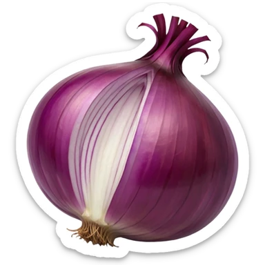 whole red onion, unpeeled, round and slightly flattened, shiny papery skin, purplish-red with striations, dried stem on top, dry root strands at base, clean, dry, slightly reflective, minimal, soft shadows, emoji scale sticker