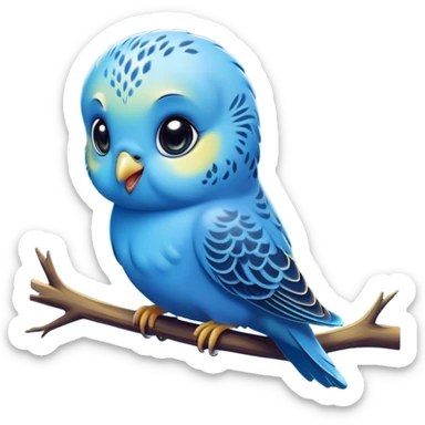 Cinematic Comical Blue Budgie Portrait Emoji, Head tilted dramatically with an exaggeratedly amused expression, featuring a striking blue feathered fur with a glossy finish, wide, expressive dark eyes filled with playful disbelief, Simplified yet hilariously expressive features, highly detailed, glowing with a slightly sassy glow, high shine, dramatic yet playful, stylized with an air of cheeky mischief, bright and endearing, soft glowing outline, capturing the essence of a spirited and over-the-top budgie, so meme-worthy it feels like it could side-eye its way into internet fame instantly! sticker