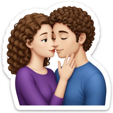 A couple kissing, the man would be white-skinned, short-curly, brown-haired. The serious woman with white skin, long hair and brown color sticker