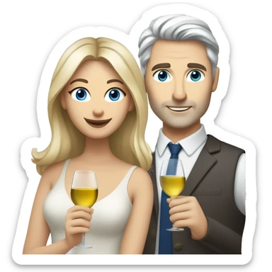 caucasian woman with brown eyes and blond medium long hair and a caucasian man with blue eyes and grey hair, toasting with a glass of white wine sticker