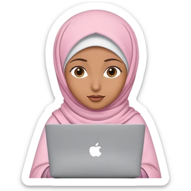 Light brown skin woman wearing light pink hijab working behind laptop sticker