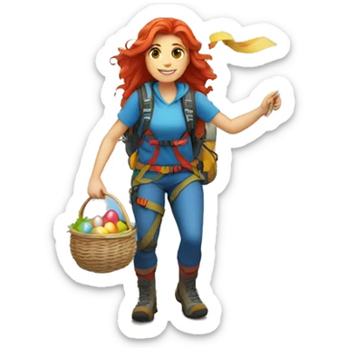 Female mountain climber long red hair climbing with Greek flag on backpack and holding Easter eggs basket sticker