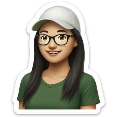Hyper realistic, look from side, asian adult woman, light white skin, smiling with teeth, black eyes, spotted frame glasses, long brown straight hair with highlighted strands, black T-shirt, dark green cap. sticker