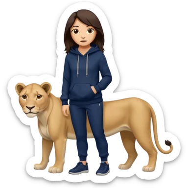 León tierno que sea mujer con pantalones guangos color azul marino y una sudadera negra con cabello suelto color castaño obscuro sticker
