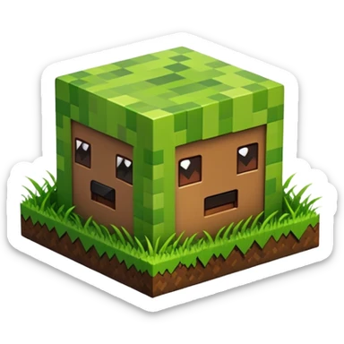 A 3D Apple-style emoji of a Minecraft grass block, cubic shape, with bright green grass on top and brown soil with pixel texture on the sides, simple and cute cartoon design. sticker