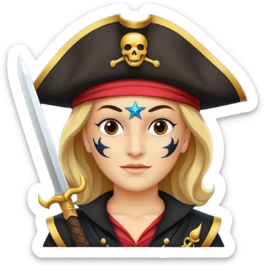 Um emoji com um pirata com uma máscara com cor de galáxia e uma estrela de galáxia e um espada cor galáxia sticker