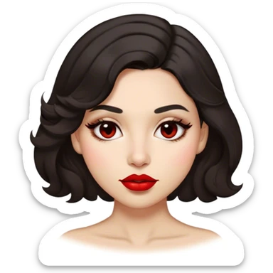A dark-hair woman slightly curled, with light skin, almond shaped eyes, red lipstick. She has 2 beauty marks : a beauty mark on the right cheek and a beauty mark just above the lip on the left side sticker