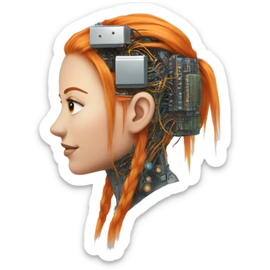 Head of female cyborg with long orange hair and circuits sticker