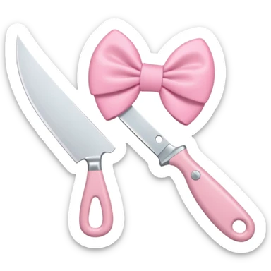 Cute emoji style illustration of a kitchen knife with a pink bow tied directly around the handle of the knife, not floating, not separate, kawaii style, rounded shapes, pastel colors, friendly look, flat vector design, white or transparent background, simple emoji icon sticker