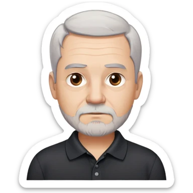 Charismatic older man in his late 50s with light skin, round face with wide features, expressive dark brown eyes, thick slightly arched eyebrows, short white-gray hair with receding hairline, gray scruff beard, neutral-serious expression, wearing black polo shirt sticker