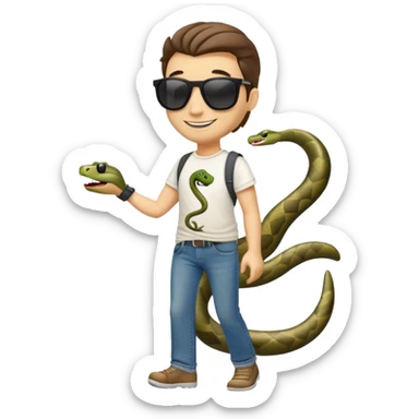 friendly anthropomorphised snake in jeans, t-shirt, dark sunglasses, walking with a smile sticker