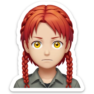 Makima from anime Chainsaw Man emoji style, stern look, red hair with braid, yellow eyes sticker