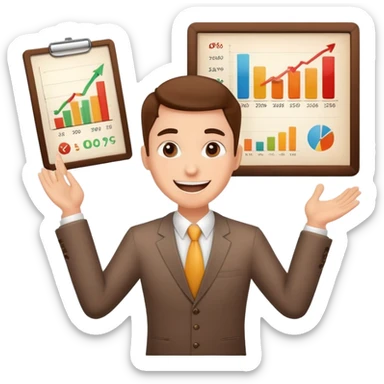 Enthusiastic salesperson with sales chart showing success sticker