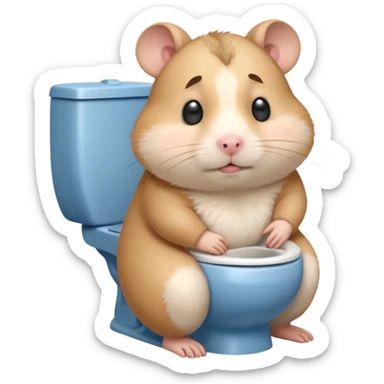 Cute chubby cartoon-style hamster sitting on toilet pooping looking as if he had an accident sticker