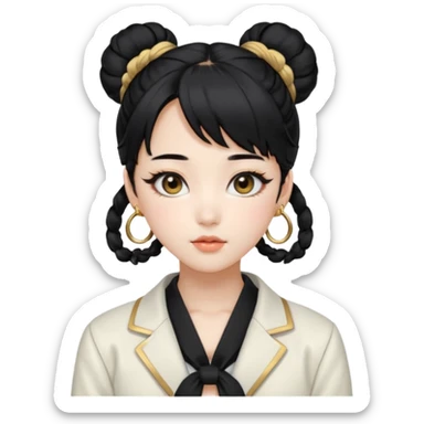 a beautiful girl face, wearing cute korean makeup, black hair, tied into two lowbuns with front bangs, black shirt, white jacket with golden shoulder pads, kpop idol sticker