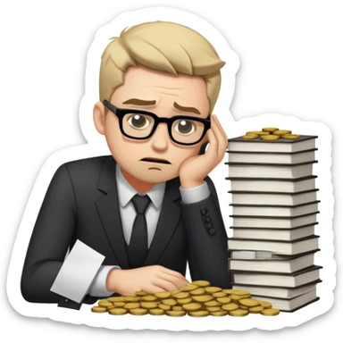 Create an emoji-style character of a sad business owner with black rectangular glasses and a light stubble (afternoon shadow beard, not a full beard). He looks frustrated and disappointed as he hands over a massive stack of work (papers, laptop, or files) in exchange for a tiny coin. His posture is slouched, and his facial expression conveys exhaustion and regret. The style should be simple, expressive, and instantly recognizable as an emoji. sticker