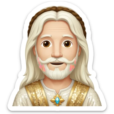 Jesus, Son of God from Gods and Goddesses with long white hair and beard, ivory sequin outfit sticker