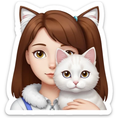 A girl with short brown straight hair and on her left shoulder and neck lies a white fluffy cat with eyes of different colors sticker