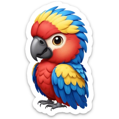 Cinematic Realistic Cute Macaw Portrait Emoji, Head tilted playfully and inquisitively, featuring a compact, lively build with intricately detailed, vivid scarlet and blue feathers and a charming, expressive face with round, sparkling eyes full of tropical wonder, rendered with realistic texture and vibrant natural hues, high shine, affectionate and spirited, styled with a touch of whimsical rainforest charm, soft glowing outline, capturing the essence of a mischievous yet lovable macaw that seems poised to flutter playfully into your arms! sticker