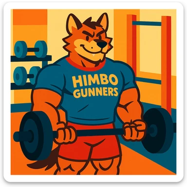 muscular furry character wearing a t-shirt that says 'Himbo Gunners' in a gym setting sticker
