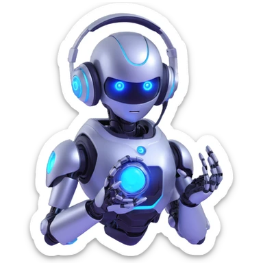 futuristic robot AI agent, shiny metal body, bright blue glowing eyes, headset, grasping digital orb sticker