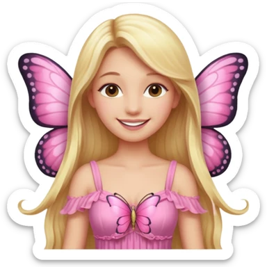 Detailed pink dress, long blonde hair, pink butterfly wings sticker