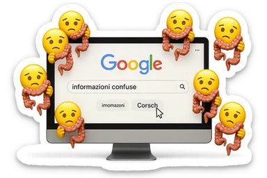 SCHERMO DI PC CON LA SCRITTA "informazioni confuse" SULLA BARRA DI RICERCA GOOGLE SULLO SCHERMO E IL CLICK DEL MOUSE SULLA SCRITTA CERCA, stile emoji iphone fluttuano in aria stringendo in mano un pezzo di colon intestinale, iperrealistico 4k sticker