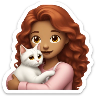 girl with long very dark red wavy hair and dark brown eyes and light pink outfit hugging a white & ginger cat  sticker
