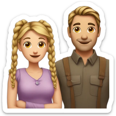 Man loves woman with pigtails, heart between them sticker